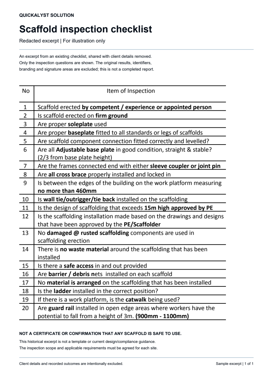 Redacted scaffold checklist excerpt with twenty inspection questions; accessible text is provided beside the preview.